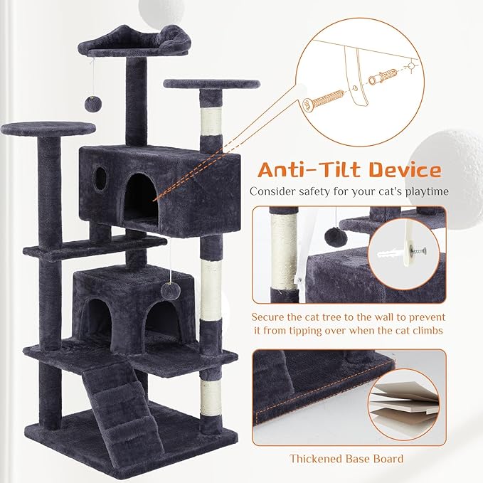 54'' Tall Cat Tree,Cat Climbing Tower with Removable Ball,Cat Tower with Scratching Post,Climbing Plate,Cute Cat Ear Design for Small, Medium Cats,Anti-Tilt Device (Dark Blue)