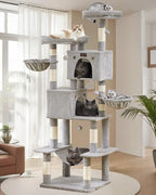Large Cat Tree Tower for Indoor Cats Adult, 74.8 Inch Tall Multi-Level Kitty Condo with Scratching Posts, Perch, Hammock, Plush Bed for Big Cats, Modern Cat Furniture Heavy Duty (Light Grey)