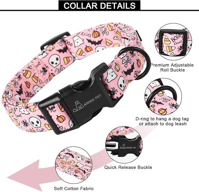 ARING PET Halloween Dog Collars, Cute Pink Pumpkin Ghost Bat Spider Skull Pet Collar with Quick Release Buckle for Small Medium Large Girl Boy Dogs-S