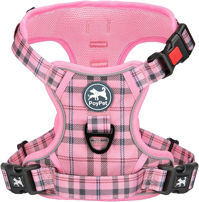 PoyPet No Pull Dog Harness, [Release at Neck] Reflective Adjustable No Choke Pet Vest with Front & Back 2 Leash Attachments, Soft Control Training Handle for Large Dogs(Checkered Pink,XL)