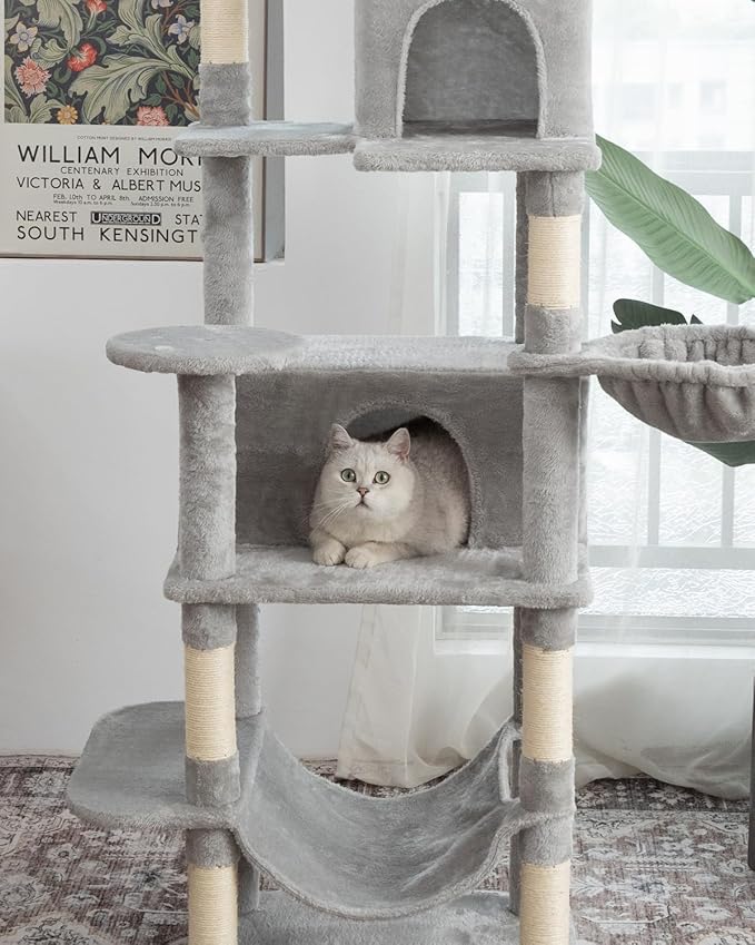 Multi-Level Cat Tree,69 Inches Tall Cat Tower with 2 Plush Condos,Hammock and Plush Perch, Scratching Posts and Pompoms,Gray Cat House for Indoor Cats