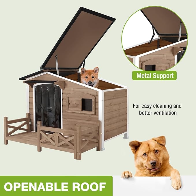 GUTINNEEN Dog House Outdoor with Anti-Chewing Iron Frame, Weatherproof Dog Shelter with Large Porch and Sliding Window, Dog Crate for Small, Medium and Large Dogs Outside (Light Brown)