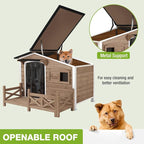 GUTINNEEN Dog House Outdoor with Anti-Chewing Iron Frame, Weatherproof Dog Shelter with Large Porch and Sliding Window, Dog Crate for Small, Medium and Large Dogs Outside (Light Brown)