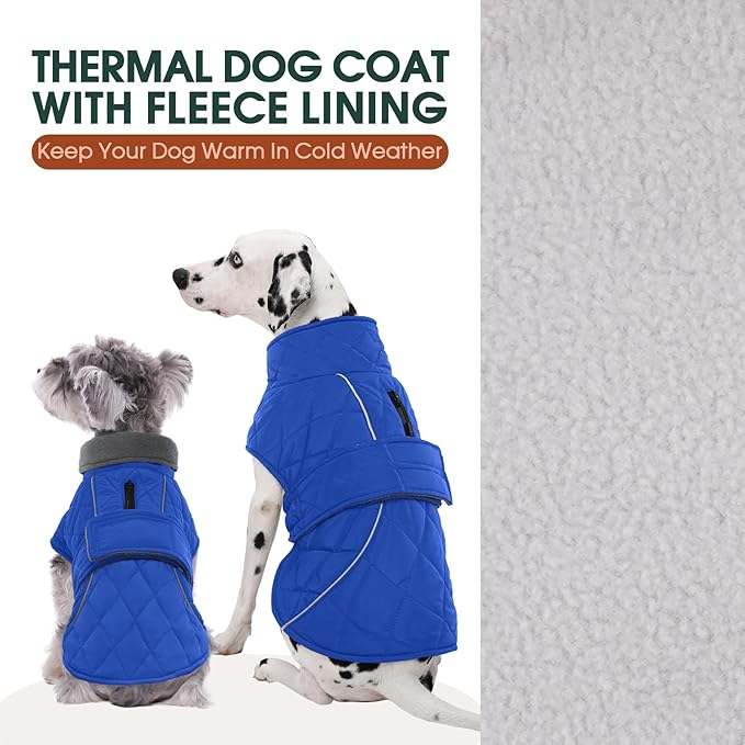 Kuoser Dog Winter Coat Waterproof Dog Snow Jacket, Warm Fleece Lined Pet Turtleneck Snowsuit Puppy Cold Weather Coats with Harness Hole, Adjustable Winter Vest for Medium Large Dogs, Blue, L