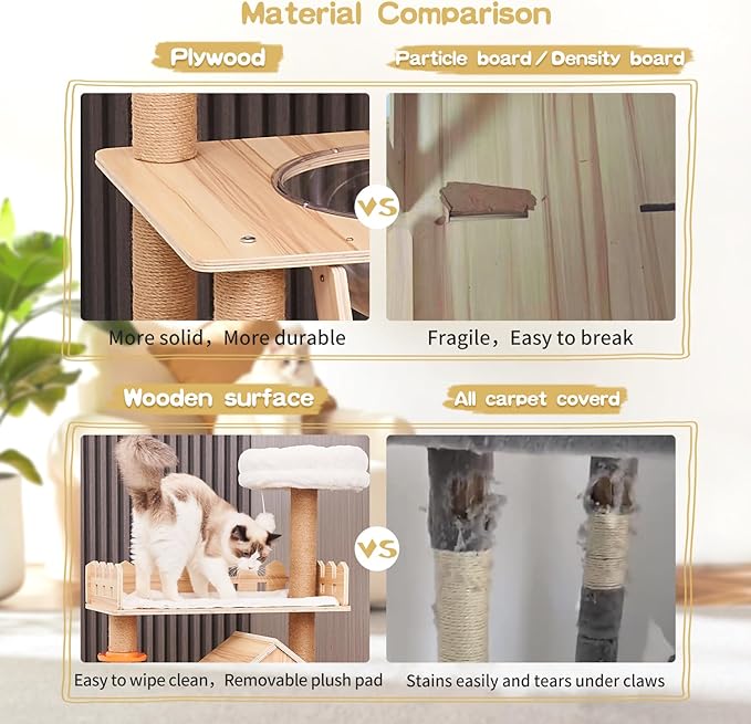 Cat Tree, Wood Cat Tree Tower for Indoor Cats, 60.7" Modern Cat Tower with Sisal-Covered Scratching Posts and Top Perch，Cat Condo with Acrylic Hammock for Small Large Cats