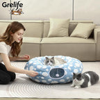 Grelife Cat Tunnel Bed for Indoor Cats, Cute Cat Tunnel Toys, Cat Donut Tunnel Toys with Washable/Removable Cushion, Non-Slip Base, for Cats, Kittens, Small Pets(33.5")