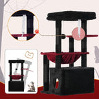 Heybly Cat Tree, Kitten Tower with Large Soft Cat Basket, Cat Condo with Spacious Cat Bed Cave with Hidden Space, Sisal-Covered Scratching Posts, Dangling Ball for Indoor Cats, Black and Red HCT008SBR