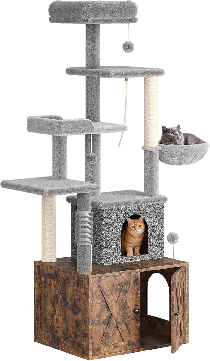 Cat Tree with Litter Box Enclosure Large,Tall Multilevel Cat Play House with Modern Cat Condo,Spacious Hammock, Cozy Top Perch,Sisal Posts and Dangling Balls,Wooden Cat Furniture for Indoor Cats Brown