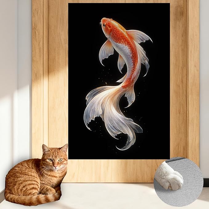 Nuxovilar Cat Wall Scratcher 15.3x23.6 Inches Polyester Synthetic Fiber, Red & White Koi Fish Print, wall scratchers for Indoor Cats, cat Scratching mat, Home Decor, Entryway, Office (2pcs)