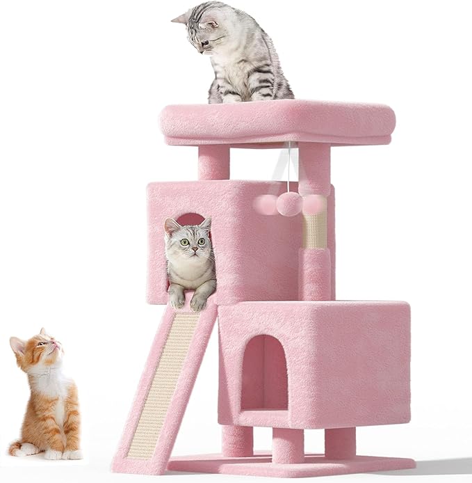 Cat Tree Tower for Indoor Cats Large Adult,Cute/Tall Modern Cat Tree for Big Cats 20 lbs,34''Plush Multi-Level Cat Condo with Scratching Posts,Dangling Ball (Soft Pink, 34 inch)