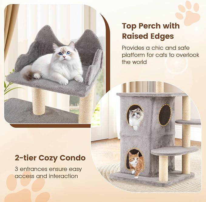 PETSITE 48.5-inch Multi-Level Cat Tree, Modern Cat Tree Tower with Sisal Scratching Posts, Double-Layer Condo, Cute Top Perch, and Multiple Jumping Platforms, Grey