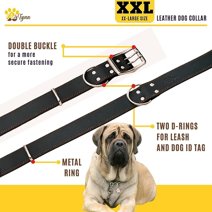 ADITYNA Big Leather Dog Collar - XXL Dog Collar for Giant Breeds Such as Mastiff, Saint Bernard, Newfoundland, Kangal (Black, Giant: Fit 30" - 36" Neck)