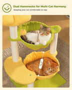Flower Cat Tree with 2 Large Hammocks, 37.4" Small Cat Tower for Indoor Kitty with 6 Scratching Posts, Cute Cat Tree with Flower Top Perch, Yellow
