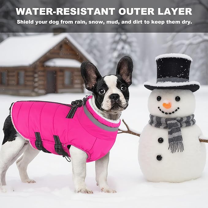 Mklhgty Large Dog Coat with Harness Built-in, Waterproof Reflective Fleece Lined - Warm Windproof Winter Jacket with Back Zipper, Cold Weather Snow Dog Coats - Pink - XL