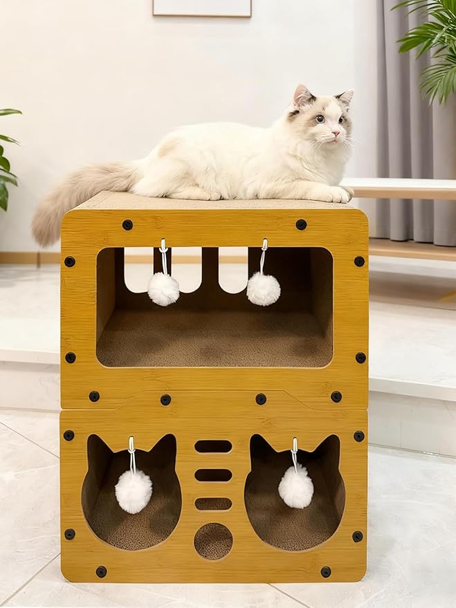 Cardboard Cat House, 2-Tier Large Cardboard Cat Scratcher House with Toys for Indoor Small Cats