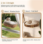 2 Ways Cat Window Perch with Solid Wood Frame, Wicker Design Cat Window Seat with 4 Suction Cups, Window Hammock for Cats Inside with Removable Cusion, Cat Hammock for Window & Wall