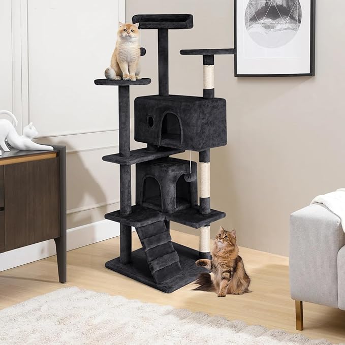 Cat Tree 53 inches Cat Tower for Indoor Cats Cat House with Replaceable and Removable Dangling Ball Cat Trees and Towers with Funny Toys, Dark Gray