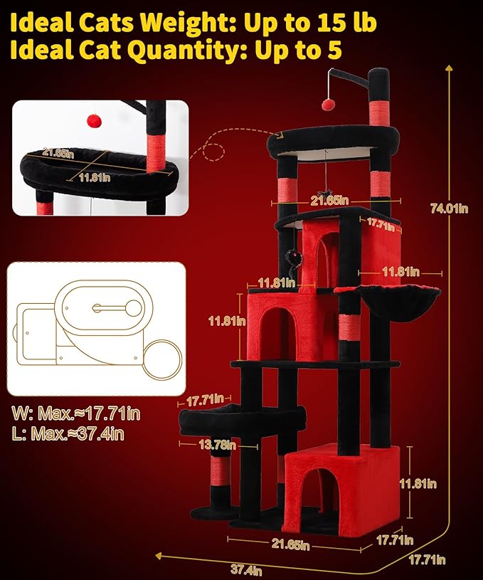 Heavy Duty Cat Tree for Indoor Cat, 74 Inch Cat Tower with Scratching Post, Hanging Basket, Cat Condo with Large Platform for Large Cats, PMT04RD, Black Red