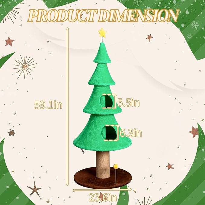 59 Inches Christmas Cat Tree for Indoor, Cat Tower with 2 Condos and Scratching Post,Christmas Tree Party Decoration Activity Center Play House (Green-1)