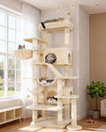 Hey-brother Cat Tree Tower, Sturdy Multi-Level Scratching Posts with Extra Supporting Part, 5 Teaser Toys, 2 Condos, Large Bed, Hammock, Scratch Baord for Indoor Cats, 82.7 Inches, Beige MPJ082M