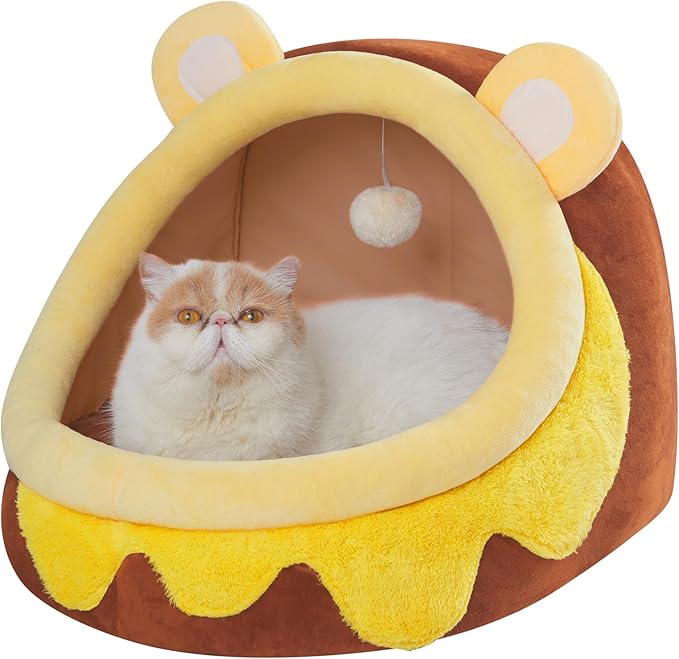 Jiupety Cute Cat Bed for Indoor, Cats Warm Soft Cave Fit for 11-17 lb Cats and 0-8 lb Dogs, Honeypot, L
