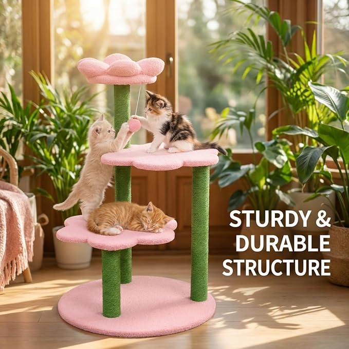 Cat Tree for Large Cats, Modern Senior Friendly 40'' Cat Tower with Wide Shelves, Scratching Posts, Super Sturdy Base, Cozy Perches, and Interactive Toys for Indoor Kittens (Pink)