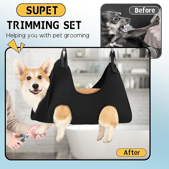 Supet Dog Grooming Hammock Harness for Dogs Cats, Relaxation Pet Nail Clipper Hammock, Restraint Dog & Small Animal Leashes Sling for Groomingk for Nail Trimming (Black, 2XS)
