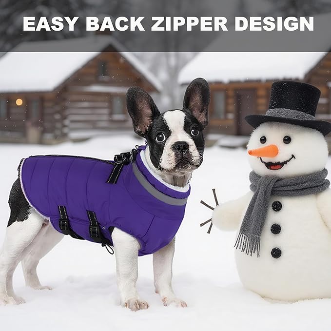 Mklhgty Small Dog Coat with Harness Built-in, Waterproof Reflective Fleece Lined - Warm Windproof Winter Jacket with Back Zipper, Cold Weather Snow Dog Coats - Purple - XS