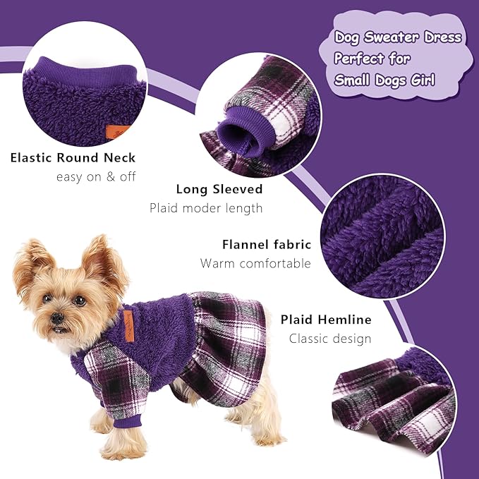 Dog Sweater Dog Clothes for Small Dogs Boy Girl Fall Puppy Dress Warm Fleece Chihuahua Yorkie Teacup Doggie Sweaters Dresses Doggy Sweater for Small Dogs Girl Cat Outfit, Purple, S