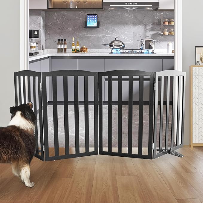 ZJSF Foldable Freestanding Indoor Dog Gate for House Wood Long Pet Gates Dog Fence for Stairs Puppy Gates for Hallways, Puppy Gate,Support Feet Included, Black, 32 "Height-4 Panels