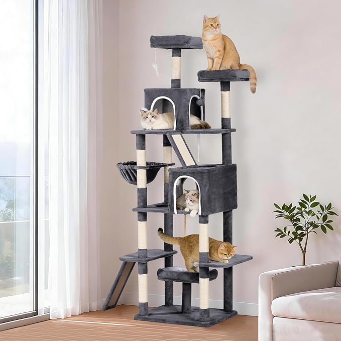 89 inch Cat Tree Tower - Extra Tall Multi-Level Cat Furniture with 2 Cozy Condos, Natural Sisal Scratching Posts, Plush Perches and Hammock for Large Indoor Cats (Dark Gray)