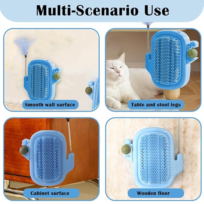 3-in-1 Cat Self Groomer Brush – Wall Corner Cat Scratch Pad with Catnip Ball & Feather Toy, Cactus-Style Wall Brush for Indoor Cats, Cats Massager & Face Scratchers for Fur Pets
