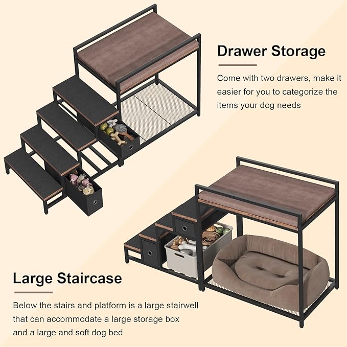 Pet Bunk Bed with Removable Stairs and 2 Drawers, Dogs/Cats Window Perch, Dog Window Seat with Soft Cushion, Ultra-Shallow Steps, Sturdy Metal Frame, Non-Slip, Load Capacity 60 LBS