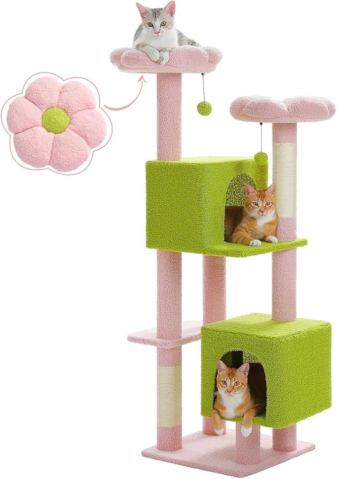 PEQULTI 53" Cat Tree for Indoor Cats, Multi-Level Cat Tower with Cozy Cat Condo Clearance Prime, Pink
