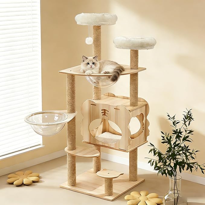Cat Tree, 54 Inch Wooden Cat Tower with Scratching Postfor for Large Cats, Multi-Level Tall Cat Tower with Cat Condo, Hammock, Space Capsule and Top Bed for Indoor Cats