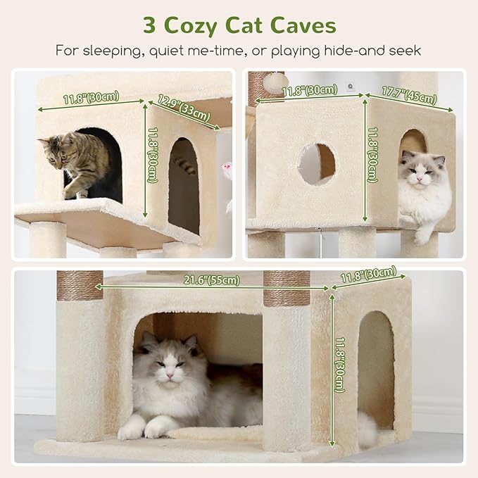 Globlazer Large Cat Tree, 80 inch Multi-Level Tall Climbing Tower Kitty Condos Cat Scratching Tower for Indoor Multiple Large Adult Cats Kittens with 3 Cat Caves, 3 Hanging Baskets, F80F, Beige