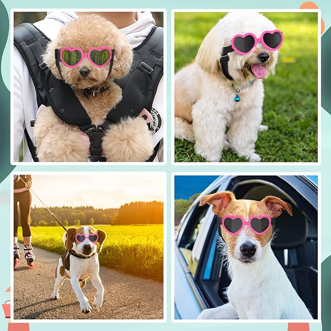 Lewondr 2 Pack Small Dog Sunglasses UV Protection Goggles Eye Wear Protection with Adjustable Strap Doggy Heart Shape Anti-Fog Sunglasses for Pet Dogs Sun Glasses Doggie Windproof Glasses, Pink