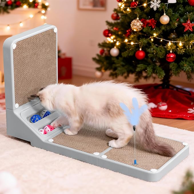 Cat Scratching Board Cat Scratching Post,2-in1 L Shaped Cats Cardboard Scratcher with Box, Kitten Scratcher Ball Wall Scratchers Pad for Indoor Cats Grey