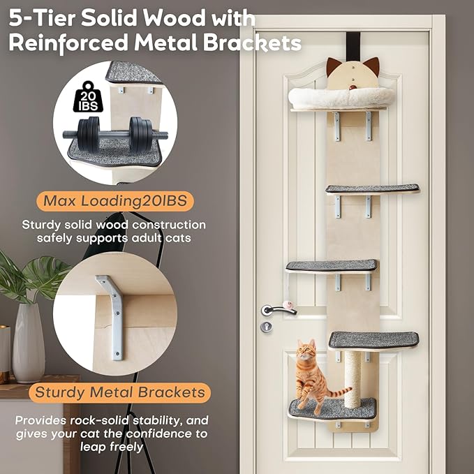 5-Levels Door Hanging Cat Climber, Door-Mounted Vertical Cat Tree Tower with Full Carpeted Plank & Cat Scratching Post for Small Medium Large Cats (5-Levels, Cat Head Style)