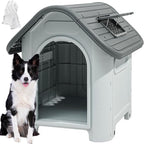 DWVO 34.3'' Plastic Foldable Dog House for Small and Medium Dogs, Waterproof Folding Pet House with Adjustable Top Window and Elevated Base (34.3''L x 28.3''W x 29.5''H)