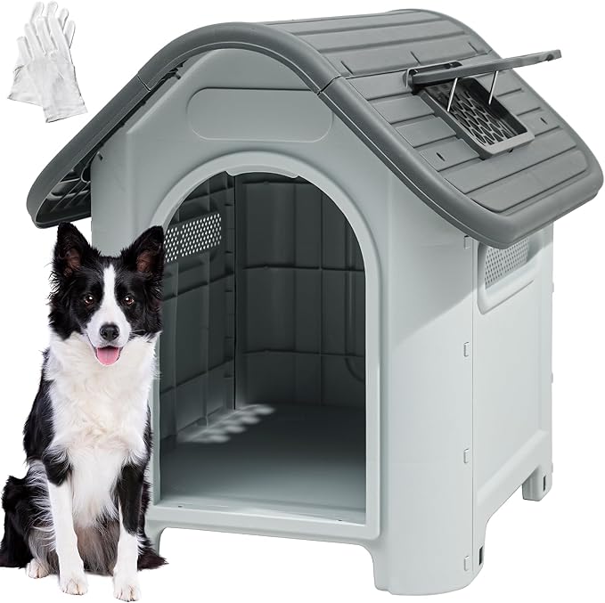 DWVO 34.3'' Plastic Foldable Dog House for Small and Medium Dogs, Waterproof Folding Pet House with Adjustable Top Window and Elevated Base (34.3''L x 28.3''W x 29.5''H)