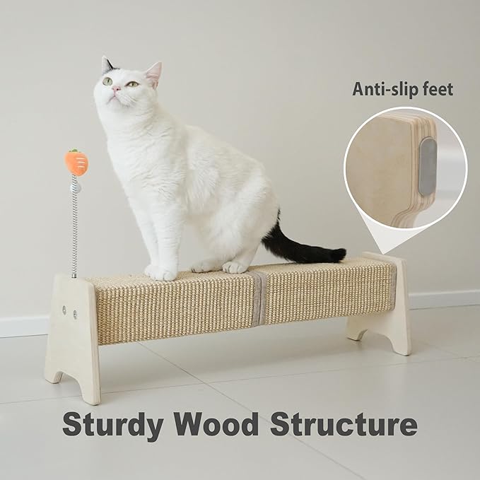 Meeyoview 30" Horizontal Scratching Post, Sisal Cat Scratcher with Spring Toy, Large Floor Mount Scratching Pad, Furniture Protector for Indoor Cats, Square
