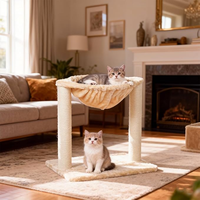 17" Cat Tree Tower with Hammock for Indoor Adult Cat Tower with Scratching Post Sisal Cat Scratcher with Soft Perch Hammock Stable Cat Stand White
