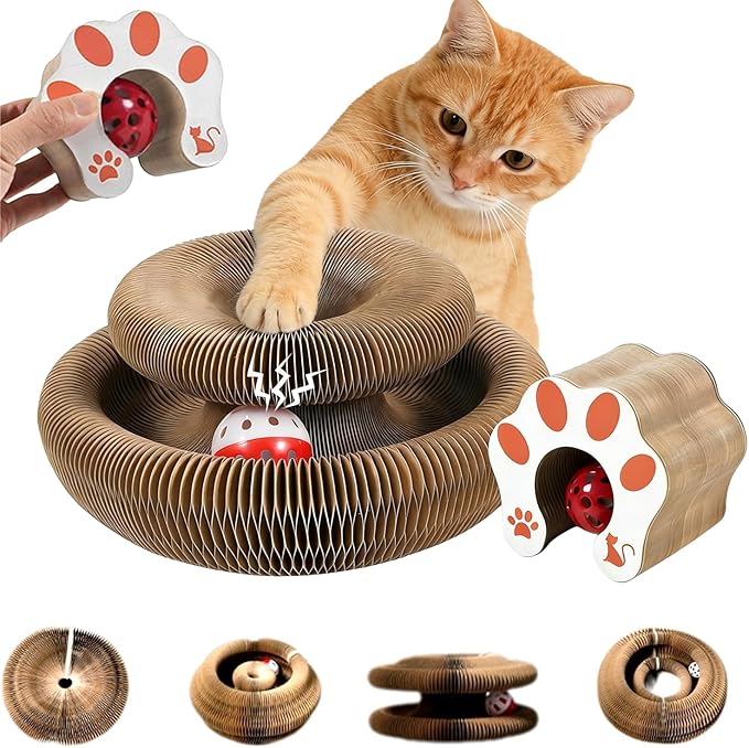 Kitten Curl Cat Toy, Magic Organ Cat Scratch Board, Foldable Cat Accordion Toy, Interactive Scratch Pad Cat Toy with Toy Bell Ball, Cat Scratchers for Physical Exercise Cats Indoor (1PC)