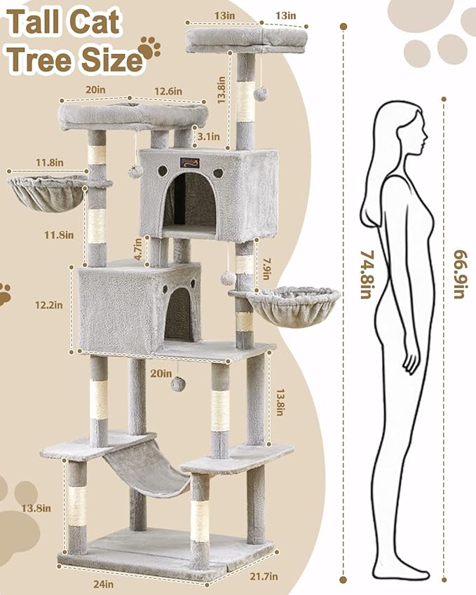 Cat Tree Tower for Indoor Large Cats, Cat Scratching Post with Big Perch Bed, Tall Trees House with Condo Cave, Toy Balls, Modern Climbing Furniture Big Platform for Kitten