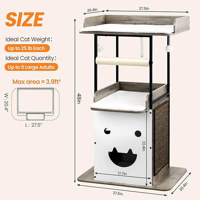 Wood Modern Cat Tree Tower for Indoor Large Cats,48-Inch Tall Wooden Cat Trees with Big Perch Bed, Multi-Level Condo with Scratching Board and Posts, Removable Pads, Cat Furniture, Greige