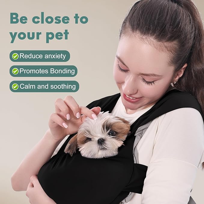 Supet Dog Sling Carrier for Small Pets, Hands Free Cat Sling, Reducing Back Neck Pain Anti-Anxiety Puppy Front, Adjustable Soft Dog Carrying (Black-2, Regular 0-9 Lbs)