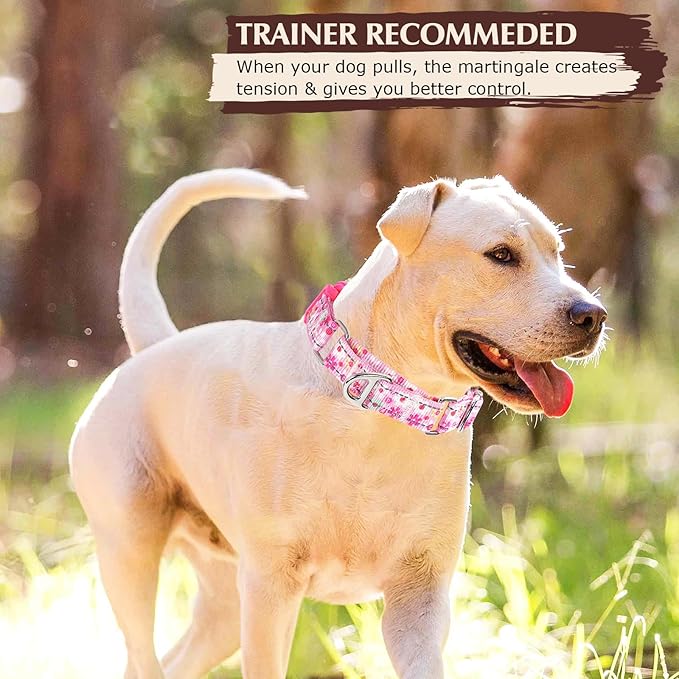 Pink Floral Martingale Collar for Dogs - Reflective Nylon with Quick Release Buckle & Padded Comfort - No Slip Choke Heavy Duty Collar for Training, Walking & Nighttime Use M