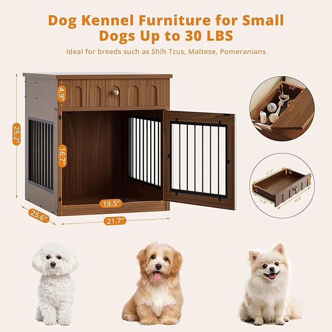 IRONCK Dog Crate Furniture, Wooden Dog Crate with Drawer and Flip-Top Storage, Indoor Dog House End Table for Small Breeds, for Living Room, Bedroom, Walnut
