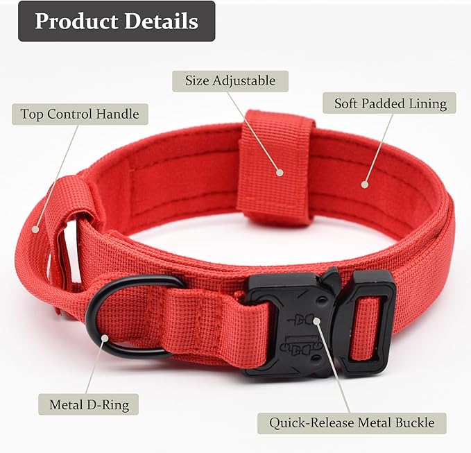 Tactical Dog Collar, Adjustable Military Training Nylon Dog Collar with Control Handle and Heavy Quick-Release Metal Buckle for Small Medium Large Dogs, Red L